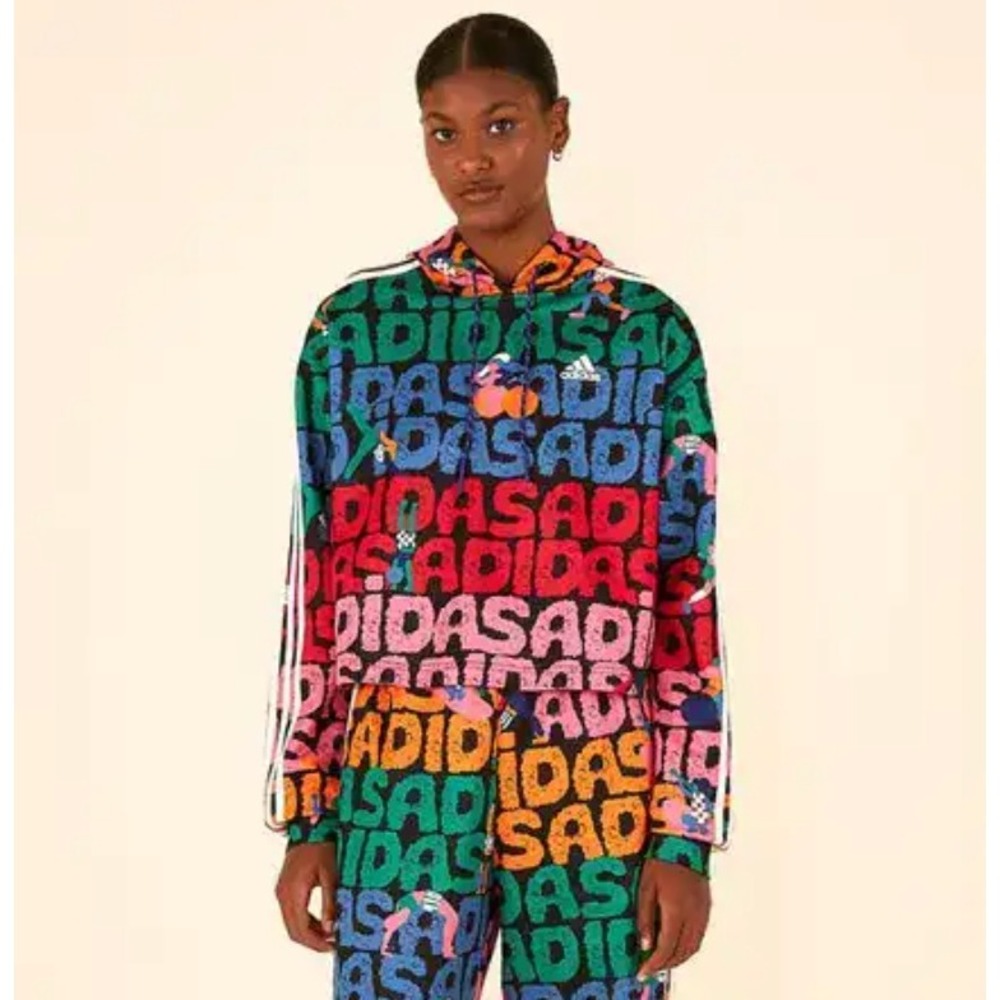 Adidas X Farm Rio Sz Small Graphic Print Cropped Hoodie Streetwear Pullover Bold